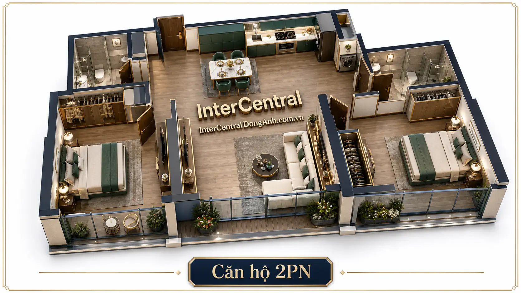 Thiết kế căn hộ 2PN Aquavia InterCentral Đông Anh