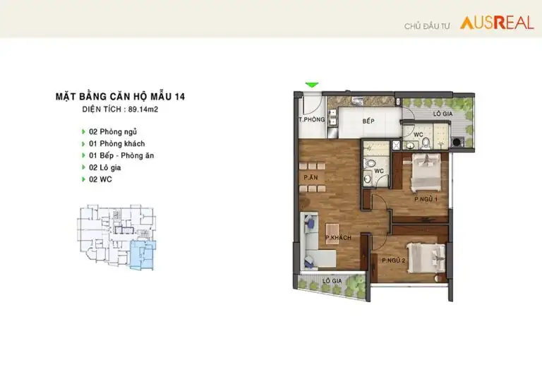 Mặt bằng thiết kế căn 2 ngủ 89.14 m2 dự án chung cư The Legatus 22 Liễu Giai