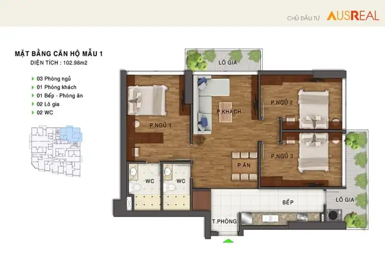 Mặt bằng thiết kế căn 3 ngủ 102.98 m2 dự án chung cư The Legatus 22 Liễu Giai